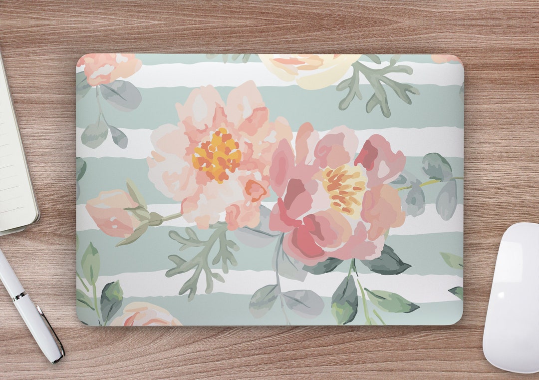 Soft Watercolor Peonies Sage Green Stripe UNIVERSAL Laptop Skin ...