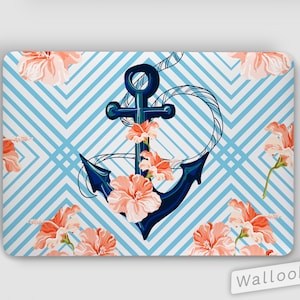 Anchor Design and Flowers with Blue Stripes Laptop Skin, Macbook Skin, Computer Decal Sticker Full Coverage Laptop SkinBlue