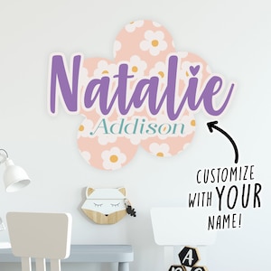 Custom Girls Cute Pink Flowers Sticker, Kids Room Decor, Personalized Name Wall Decal, Boys Playroom Name Sign, Wall Nursery Decor
