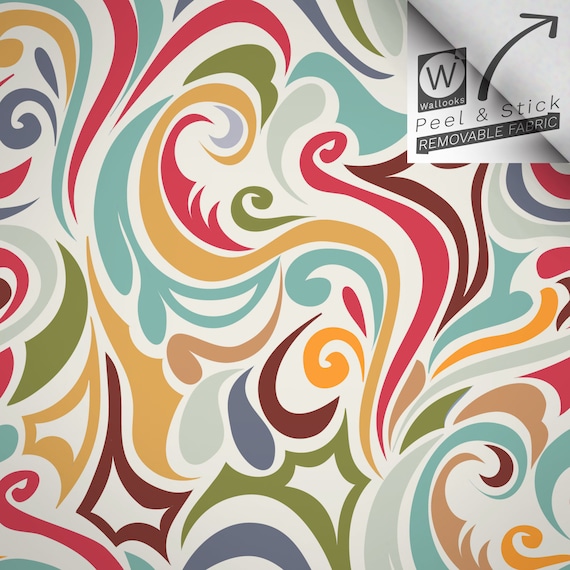 Colorful 1970/'s Groovy Swirl Design Peel and Stick Wall Paper DIY Self Adhesive Fabric Wall Paper Graphic