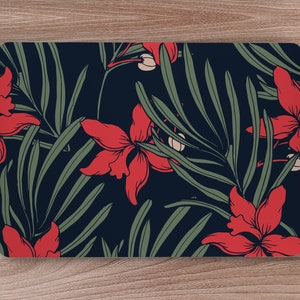 Red Floral Flowers with Long Green Leaves Pattern Laptop Skin, Macbook Skin, Computer Decal Sticker Full Coverage Universal Laptop Skin