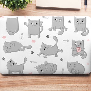 Cute Grey Cartoon Cat Poses Paw Prints UNIVERSAL Laptop Skin, Computer ...
