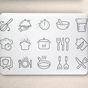 以下が含まれることがあります： 様々な料理のアイコンが黒色のアウトラインで描かれた白いノートパソコン。アイコンには、泡立て器、クローズ、タイマー、ボウル、計量カップ、シェフの帽子、鍋、フォーク、ナイフ、スプーン、まな板、プレート、フライパン、ヘラなどがあります。