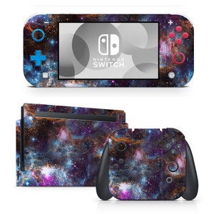 May include: A galaxy-themed Nintendo Switch console skin set. The set includes a skin for the Switch console, Joy-Con controllers, and the dock. The skin features a colorful nebula pattern with shades of blue, purple, orange, and black.
