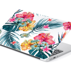 Tropical Hibiscus Flowers and Leaves Laptop Skin, Macbook Skin, Computer Decal Sticker Full Coverage Laptop Skin