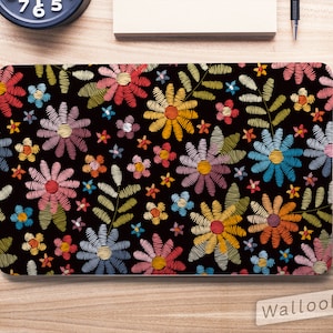 Hand Drawn Line Art, Embroidered Effect Flowers Laptop Skin, Macbook Skin, Computer Decal Sticker Full Coverage Laptop Skin