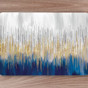 May include: Abstract art print with vertical lines in shades of blue, gold, and gray. The lines are arranged in a random pattern, creating a sense of movement and energy.