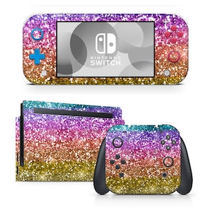 May include: A colorful glitter skin for the Nintendo Switch Lite console and Joy-Con controllers. The skin features a rainbow gradient of pink, purple, blue, green, and yellow glitter.