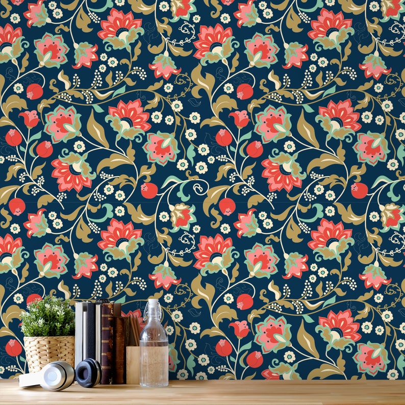Busy Retro Floral Pattern Wall Paper Removable Peel and ...