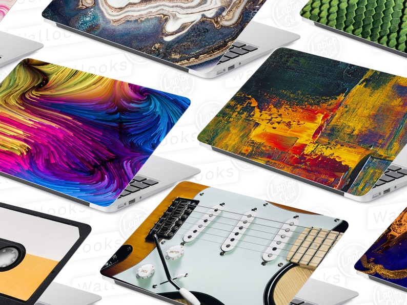May include: A collection of laptop skins with various designs, including abstract patterns, a guitar, and a cassette tape. The skins are colorful and vibrant, and they would be a great way to personalize a laptop.