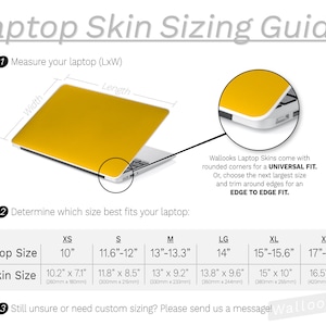 May include: A sizing guide for laptop skins, showing different sizes in inches and centimetres. The guide includes a yellow laptop skin with rounded corners for a universal fit, or the option to trim for an edge-to-edge fit.