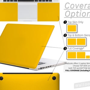 May include: A yellow laptop skin with three coverage options: top skin only, top and bottom skins, and full coverage, which includes wrist pads. The text "Wallooks" is visible in the image.