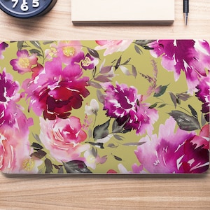 Elegant Watercolor Floral Pattern on Gold Background Laptop Skin, Macbook Skin, Computer Decal Sticker Full Coverage Laptop Skin