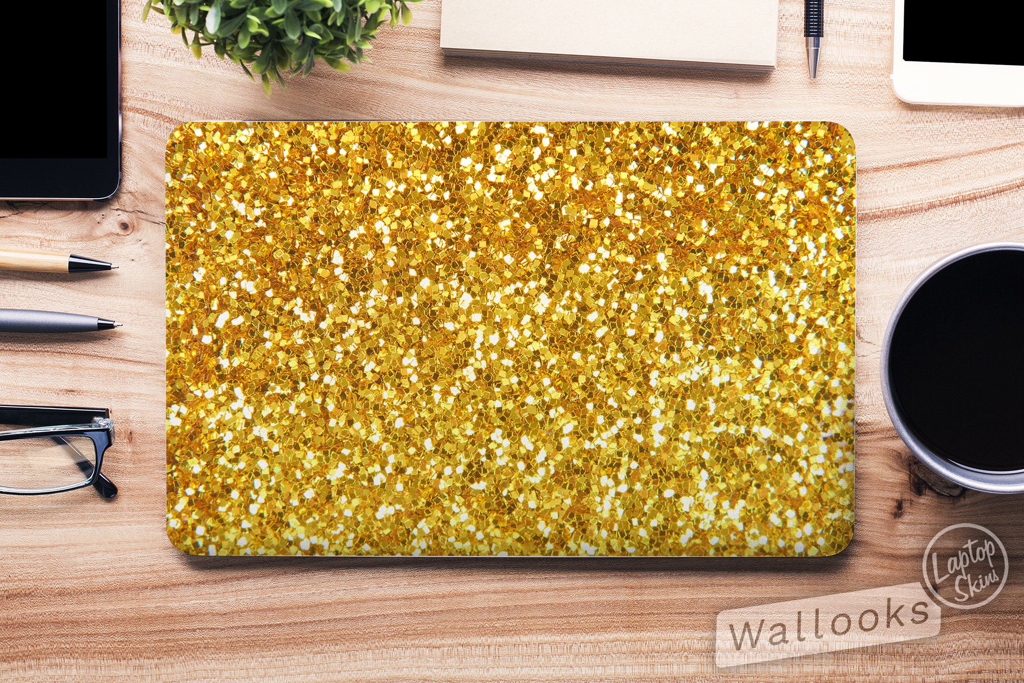 Gold Computer Monitor Sticker Chunky Gold Glitter Sparkle Flakes Design Universal Laptop Skin ...