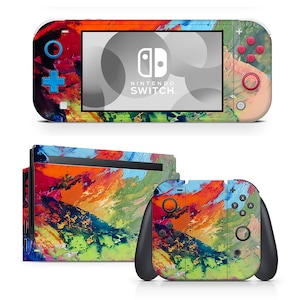 May include: A colorful abstract design Nintendo Switch console skin with a vibrant mix of red, orange, yellow, green, blue, and purple paint strokes. The skin covers the console, the Joy-Con controllers, and the back of the console.