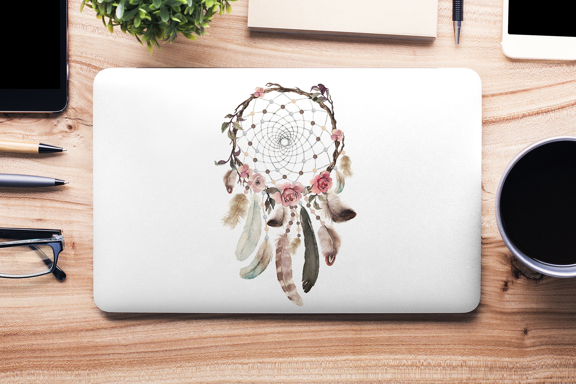 Skin Vinyl Universel Pour PC Portable 15" – Motif Plumes Roses Et Attrape-rêves