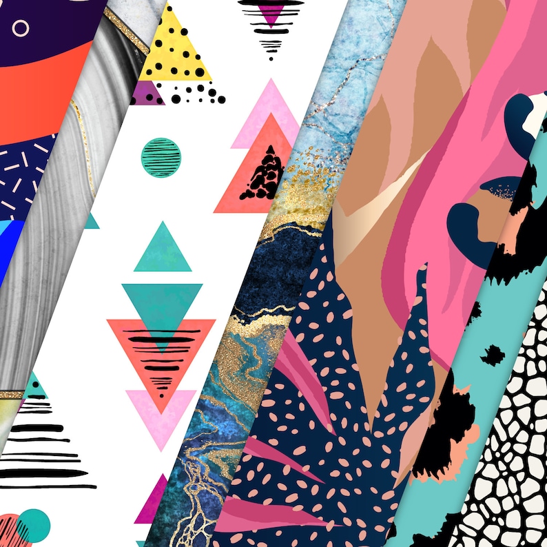 May include: Abstract geometric patterns in pink, blue, black, white, and yellow. The patterns are arranged in a diagonal composition, creating a modern and stylish design.
