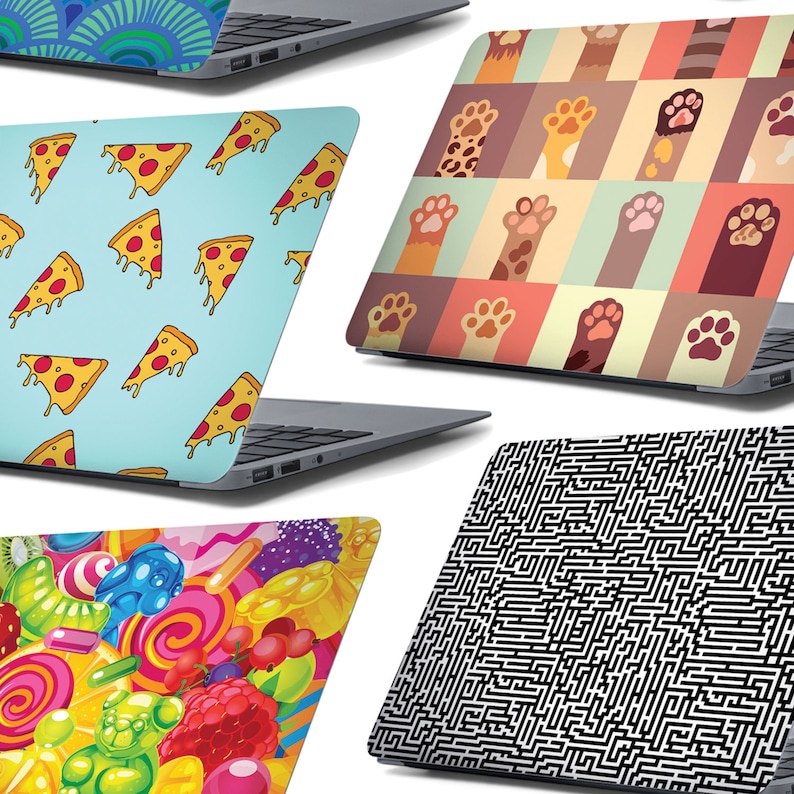 May include: Five different laptop skins with various designs. The designs include pizza slices, paw prints, sweets, and a maze pattern.