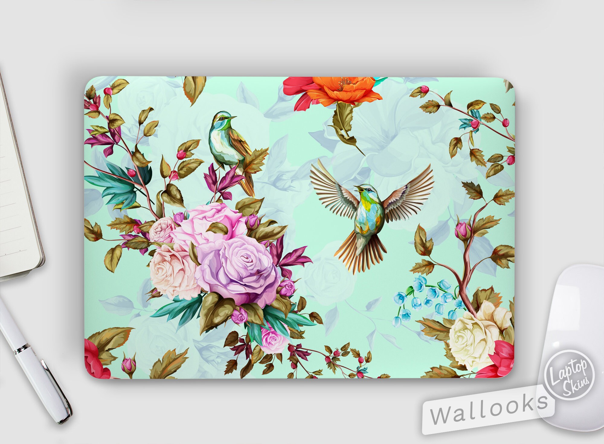 Birds in Rose Garden with Elegant Branches Laptop Skin, Macbook Skin, Computer Decal Sticker Full Coverage Laptop Skin