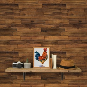 Pu&ograve; includere: Uno scaffale in legno con un dipinto ad acquerello incorniciato di un gallo, una macchina fotografica, una pianta in vaso e un cappello marrone. Lo scaffale &egrave; montato su una parete con uno sfondo di assi di legno.
