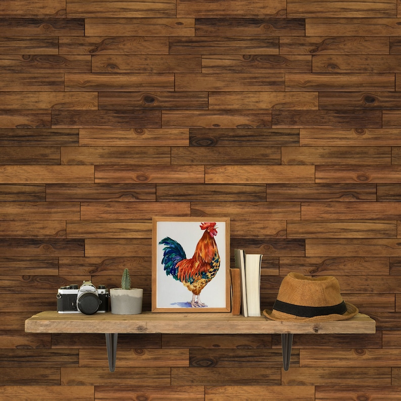 Pu&ograve; includere: Uno scaffale in legno con un dipinto ad acquerello incorniciato di un gallo, una macchina fotografica, una pianta in vaso e un cappello marrone. Lo scaffale &egrave; montato su una parete con uno sfondo di assi di legno.