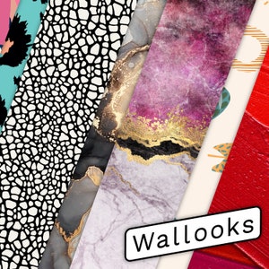 May include: A collage of six different patterned wallpaper designs. The designs include a black and white animal print, a marble pattern with gold accents, a pink and purple watercolor design, a cream background with abstract shapes, a red paint stroke design, and a teal and black abstract design.