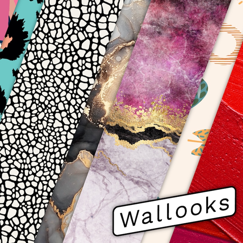 May include: A collage of six different patterned wallpaper designs. The designs include a black and white animal print, a marble pattern with gold accents, a pink and purple watercolor design, a cream background with abstract shapes, a red paint stroke design, and a teal and black abstract design.