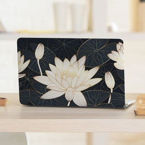 White Lotus Flower on Black Faux Gold Lines UNIVERSAL Laptop Skin, Computer Skin, Laptop Sticker Decal, Full Coverage Protective Laptop Skin