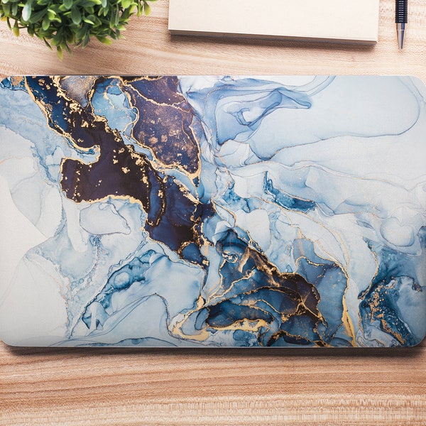 Icy Blue Marble Stone & Faux Gold Veins UNIVERSAL Laptop Skin, Computer Skin, Laptop Sticker Decal, Full Coverage Protective Laptop Skin