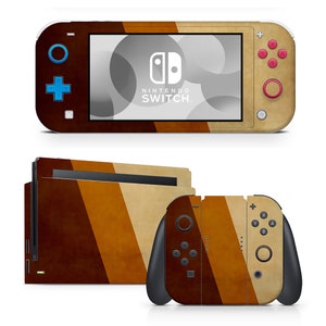 May include: A brown, orange, and beige Nintendo Switch console skin with a diagonal stripe pattern. The skin is designed to fit the Nintendo Switch console, Joy-Cons, and dock.