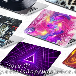 May include: Assortment of laptop skins with various designs, including a retro music player, a purple and pink abstract swirl, a purple grid with a triangle, and a yellow and red swirl. The text "Find More @: Etsy.com/shop/wallooks.com" is at the bottom of the image.