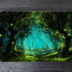 May include: A digital illustration of a magical forest scene with glowing blue light, green trees, and yellow butterflies. The forest floor is covered in green grass and purple flowers.