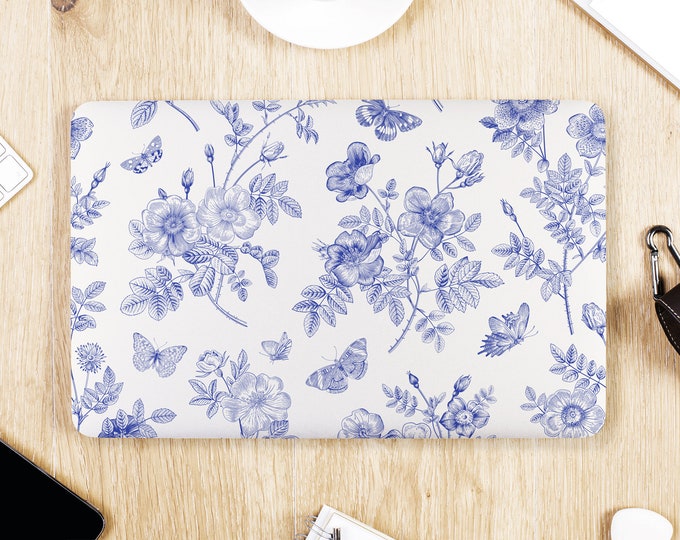 Classic Blue & White Delicate Garden Floral UNIVERSAL Laptop Skin, Computer Skin, Laptop Sticker Decal, Full Coverage Protective Laptop Skin