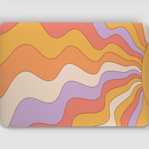 May include: A laptop skin with a retro sunburst design featuring wavy lines in shades of yellow, orange, pink, purple, and cream.