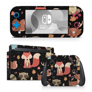 May include: A black Nintendo Switch console and controller skin with a woodland animal theme. The design features foxes, raccoons, squirrels, and deer on a black background with brown leaves and a white distressed pattern.