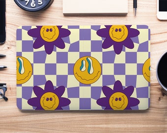 Purple White Checkerboard w/ Trippy Daisies UNIVERSAL Laptop Skin, Computer Skin, Laptop Sticker Decal, Full Coverage Protective Laptop Skin