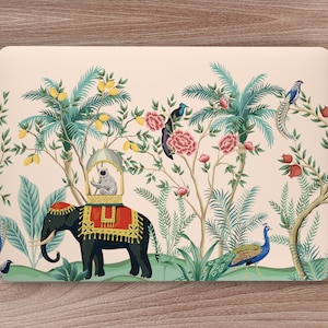 May include: A pink background with a black elephant carrying a monkey in a cage. The elephant is decorated with gold trim and a red and gold saddle. The background features a variety of tropical plants, flowers, and birds, including peacocks and a bird with a long tail.