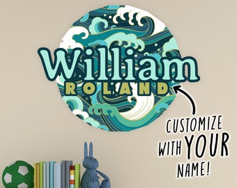 Benutzerdefinierte Jungen Crashing Waves blau grün Wandtattoo, Jungen Schlafzimmer Dekor, personalisierte Namen Wandaufkleber, Jungen Spielzimmer Namensschild, Kinderzimmer