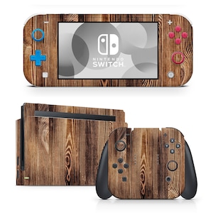 May include: A wood-grain patterned skin for the Nintendo Switch console and Joy-Con controllers. The skin features a realistic wood texture with a brown and black colour scheme.
