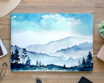 Blue Sky Hazy Mountain Mist Pines Watercolor Laptop Skin, Macbook Skin, Computer Decal Sticker Full Coverage Laptop Skin
