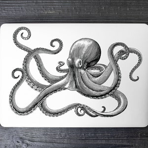 May include: Black and white illustration of an octopus with eight tentacles. The octopus is drawn in a vintage style.