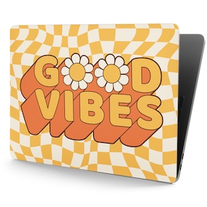 Good Vibes on Yellow & White Checkerboard UNIVERSAL Laptop Skin, Computer Skin, Laptop Sticker Decal, Full Coverage Protective Laptop Skin