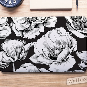 Black and White Flower Detailed Illustration Laptop Skin, Macbook Skin, Computer Decal Sticker Full Coverage Laptop Skin