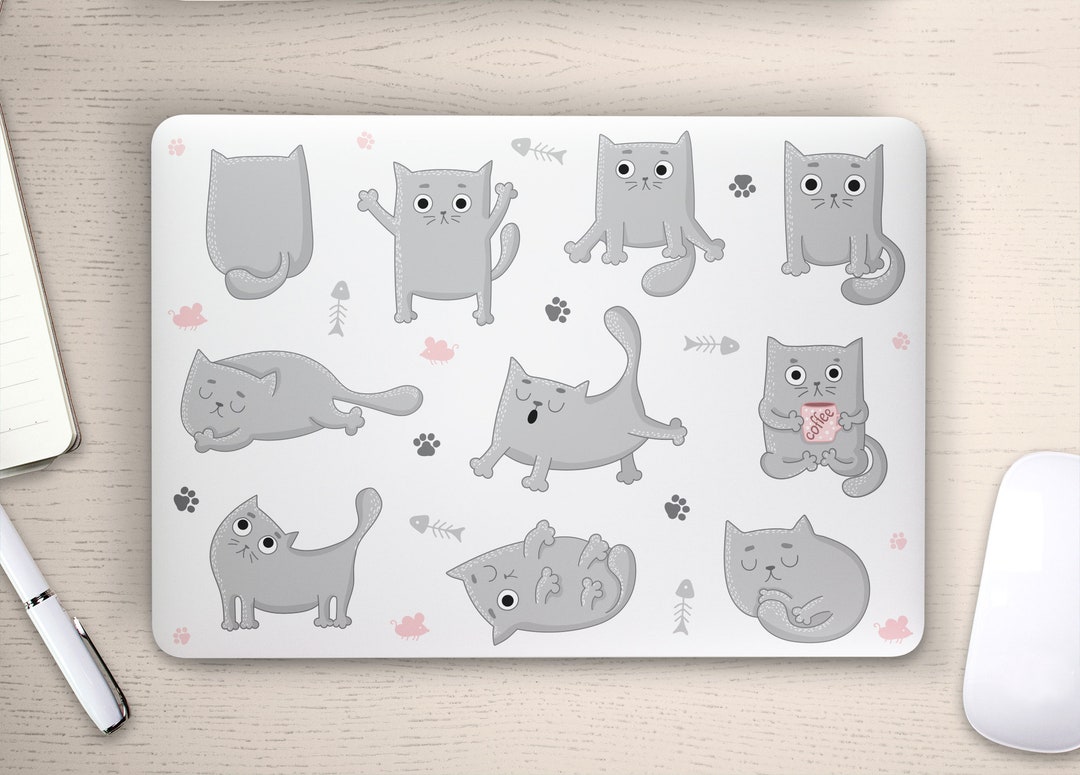 Cute Grey Cartoon Cat Poses Paw Prints UNIVERSAL Laptop Skin, Computer ...