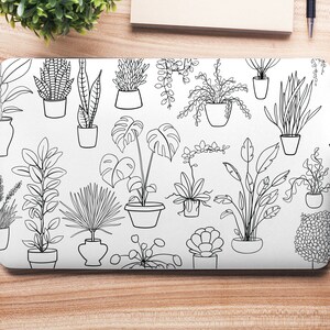 Peut inclure: Un ordinateur portable blanc avec une illustration en noir et blanc de différentes plantes en pot. Les plantes sont dessinées dans un style simple et minimaliste.