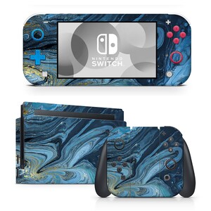 May include: A blue and gold marbled Nintendo Switch console skin set. The set includes a skin for the console, the Joy-Con controllers, and the dock. The skin features a swirling blue and gold pattern.