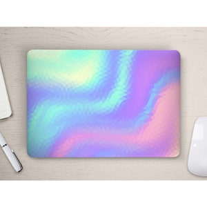May include: A laptop skin with a holographic design featuring a swirling pattern of pastel blue, pink, and green colors.