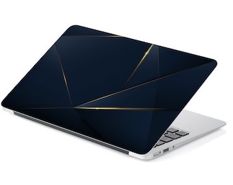 Diseño universal para portátil con formas en azul marino intenso y líneas doradas. Adhesivo para computadora, calcomanía protectora de cobertura total.