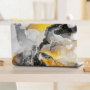 Black Yellow Grey Marble Stone Faux Gold UNIVERSAL Laptop Skin, Computer Skin, Laptop Sticker Decal, Full Coverage Protective Laptop Skin