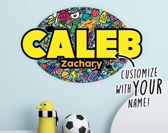 Benutzerdefinierte Jungen bunte Zeichentrickfiguren Wandtattoo, Jungen Schlafzimmer Dekor, personalisierte Namen Wandaufkleber, Jungen Spielzimmer Namensschild, Kinderzimmer